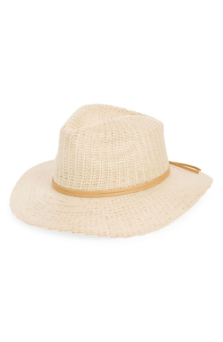 A knit construction lends chic style to this panama hat that is ideal for any cold-weather ensemble. Textile Spot clean Imported Casual Beige Woven Hat Band, Classic Cream Fedora For The Beach, Classic Cream Fedora For Beach, Cream Wide Brim Woven Hat, Chic Cream Panama Hat With Short Brim, Beige Woven Fedora With Flat Brim, Cream Fedora For Vacation, Cream Brimmed Fedora For Vacation, Chic Beige Woven Hat