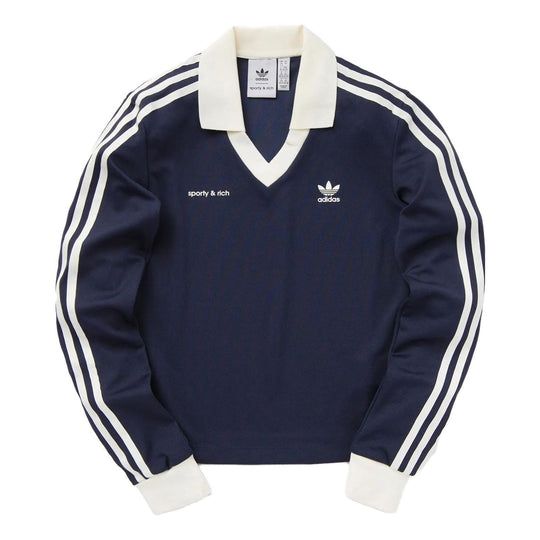 (WMNS) adidas x Sporty & Rich Long Sleeve Jersey 'Navy' IN5248 Adidas 2000 Vintage, Navy Sporty Top With Contrast Stripes, Casual Adidas Activewear For Winter, Adidas Fitted Long Sleeve Activewear, Relaxed Fit Sportswear Activewear With Three Stripes, Adidas Sporty Tops With Contrast Stripes, Navy Relaxed Fit Activewear For Sports, Navy Relaxed Fit Sporty Activewear, Sporty Fitted Adidas Logo Tops