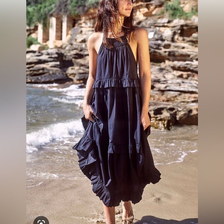 Like New Free People Dress Size Small. Black Cotton. Low Cut Sides. So Cute! Black Ruffled Maxi Dress For Summer, Black Casual Beach Midi Dress, Black Bohemian Midi Dress With Ruffles, Black Ruffled Dress For Beach Season, Black Bohemian Midi Dress For Summer, Black Ruffled Midi Dress For Beach, Chic Black Sundress For Casual Wear, Black Ruffled Maxi Dress For Casual Occasions, Black Maxi Dress With Ruffles For Casual Wear