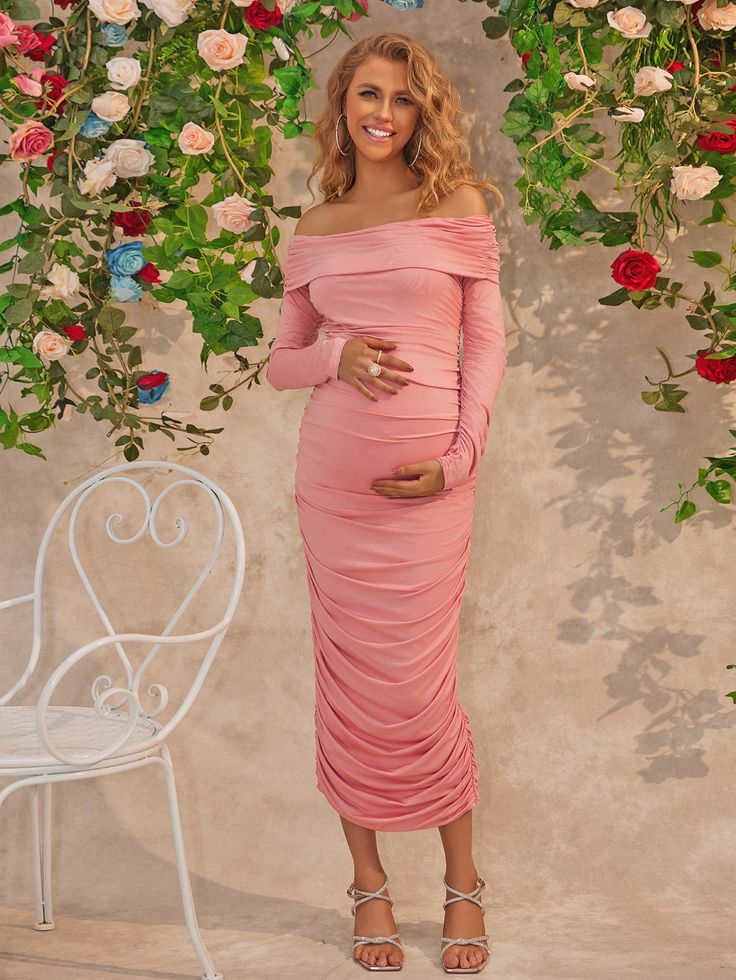 1pc Sexy One-Shoulder Bodycon Maternity Dress Pink Elegant  Long Sleeve Knitted Fabric Plain  Medium Stretch  Maternity Clothing, size features are:Bust: ,Length: ,Sleeve Length: Bodycon Maternity Dress, Gender Reveal Dress, Tight Long Sleeve Dress, Rose Bonbon, Baby Shower Dresses, Maternity Gowns, Solid Color Dress, Maternity Clothing, Women's Shapewear