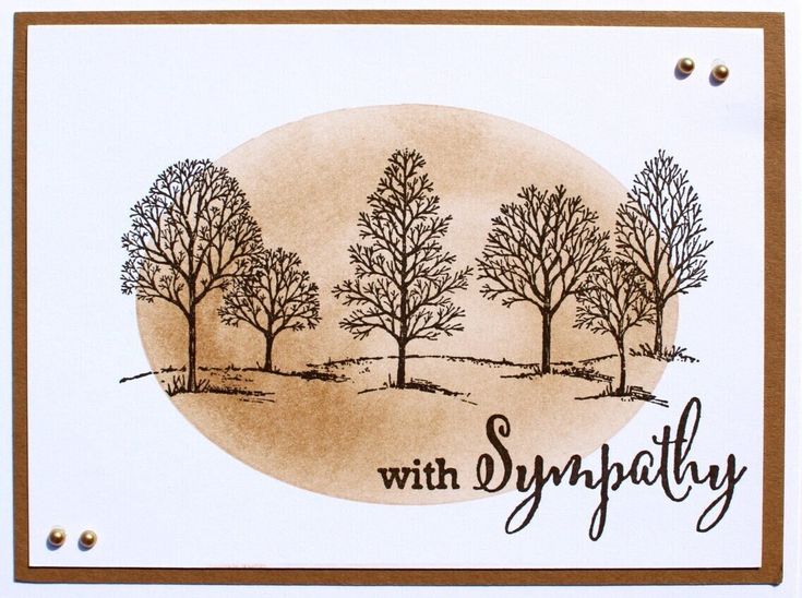 a card with trees and the words sympathy written in black ink on top of it