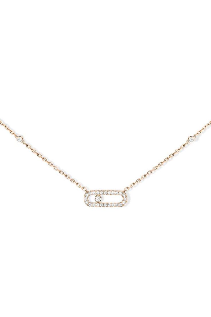 Messika Move Uno Pave Diamond Necklace. This 18 carat gold pavé diamond necklace, fully handcrafted and set with a brilliant cut diamond is part of the Move luxury jewelry collection, the signature design of Messika House. Its fine chain is adorned by the Move cage holding a close set diamond that moves and shines according to the gestures. The fine setting echoes back the gold solar radiance. An easy gold and diamond necklace to adorn a cleavage with a discreet and precious radiance everyday. L Luxury Gold Diamond Necklace With Pave Setting, Luxury Dainty Necklace With Pave Setting, Luxury Refined Diamond Necklace, Messika Move Uno Necklace, Messika Jewelry Necklaces, Diamond Jewel, Luxury Necklace, Expensive Jewelry, Demi Fine Jewelry