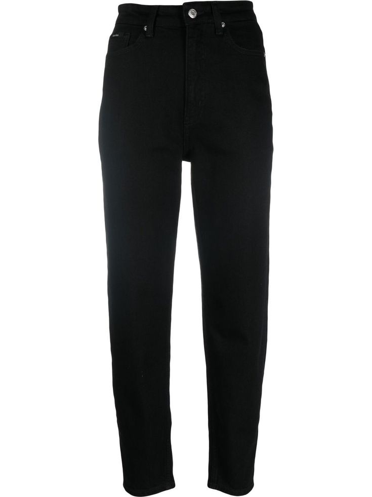 high-waisted mom-cut jeans from CALVIN KLEIN featuring high waist, belt loops, front button and zip fastening, classic five pockets, jet black and stretch-cotton. Calvin Klein High Waisted, Calvin Klein Outfits, Mom Cut, Jeans Mom, Jeans Black, Cut Jeans, Black Stretch, Jet Black, Waist Belt