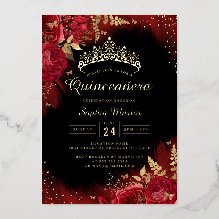 an elegant quinceauera birthday party with red roses and gold foil on the front