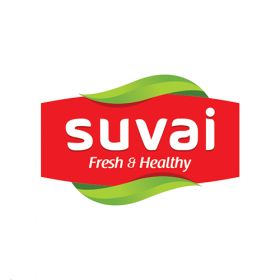 suvai fresh & healthy logo design with red and green wavy lines on white background