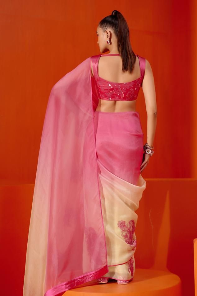 Fuchsia pink shaded ombre organza saree features dori embroidery with satin details. Comes with gajji silk blouse, embellished with patra work and matching dori embroidery. - Aza Fashions Pink Silk Bollywood Pre-draped Saree, Pink Pre-draped Saree With Dupatta In Tissue Silk, Pink Pre-draped Tissue Silk Saree With Unstitched Blouse, Pink Tissue Silk Pre-draped Saree With Unstitched Blouse, Pink Silk Pre-draped Saree With Cutdana, Pink Silk Pre-draped Saree With Dori Work, Festive Pink Organza Saree, Pink Tissue Silk Traditional Wear With Sheer Dupatta, Pink Traditional Wear With Sheer Dupatta In Tissue Silk