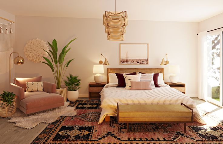 a bed room with a neatly made bed next to two chairs and a large rug