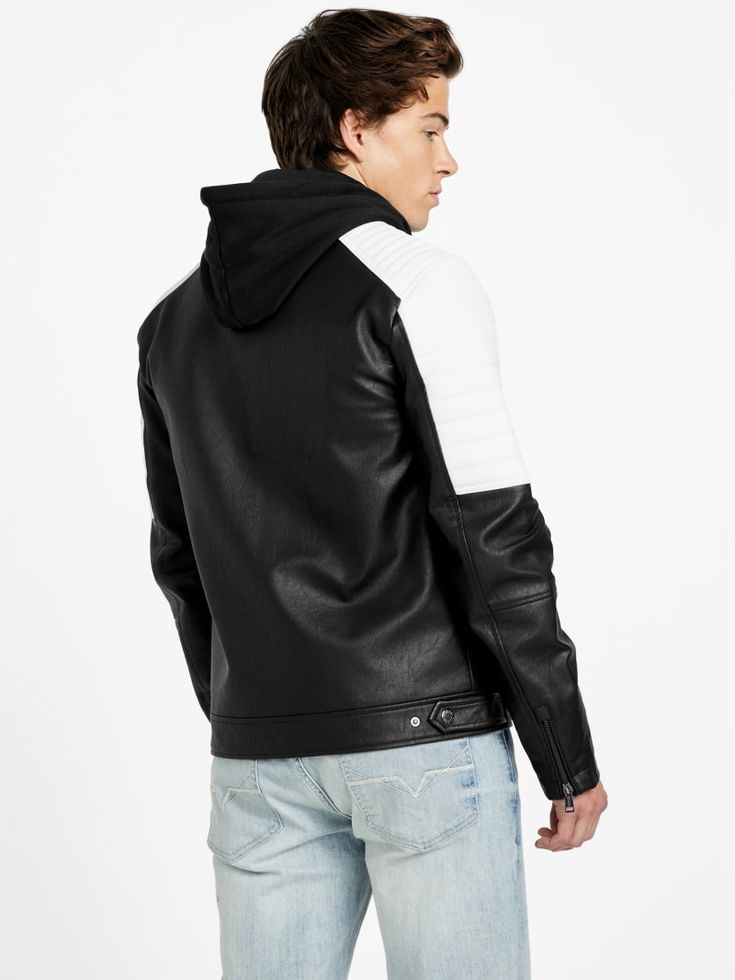 David Hooded Moto Jacket | GUESS Factory Winter Fitted Biker Jacket With Double-lined Hood, Fitted Biker Jacket With Double-lined Hood For Fall, Fitted Hooded Biker Outerwear, Fitted Biker Outerwear With Hood, Hooded Moto Biker Jacket For Fall, Biker Jacket With Double-lined Hood For Streetwear, Hooded Moto Winter Outerwear, Moto Hooded Winter Outerwear, Fitted Black Biker Jacket With Double-lined Hood