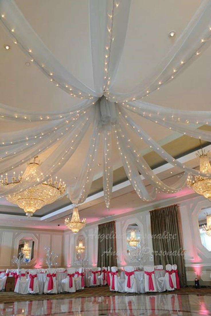 a banquet hall decorated with pink and white decor