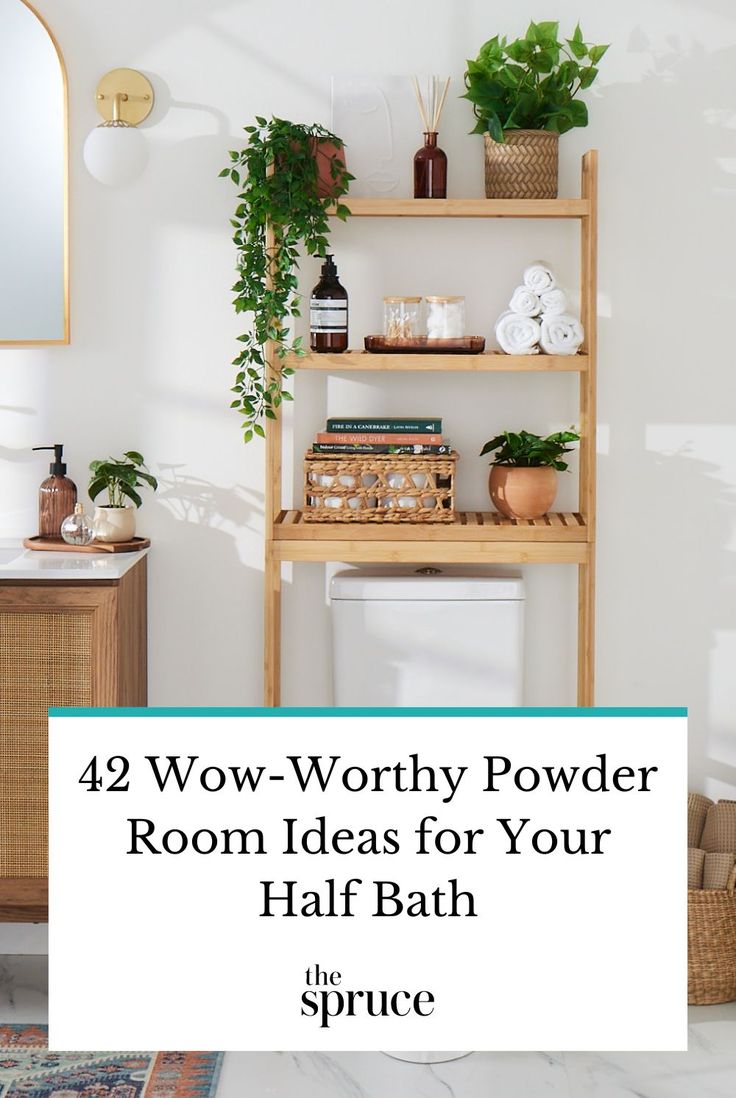 a bathroom with white walls and shelves filled with plants