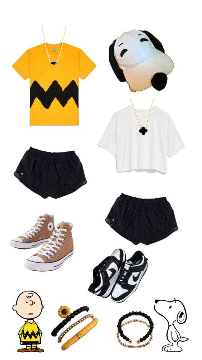 an assortment of clothing and accessories including shoes, headphones, necklaces and a cartoon character