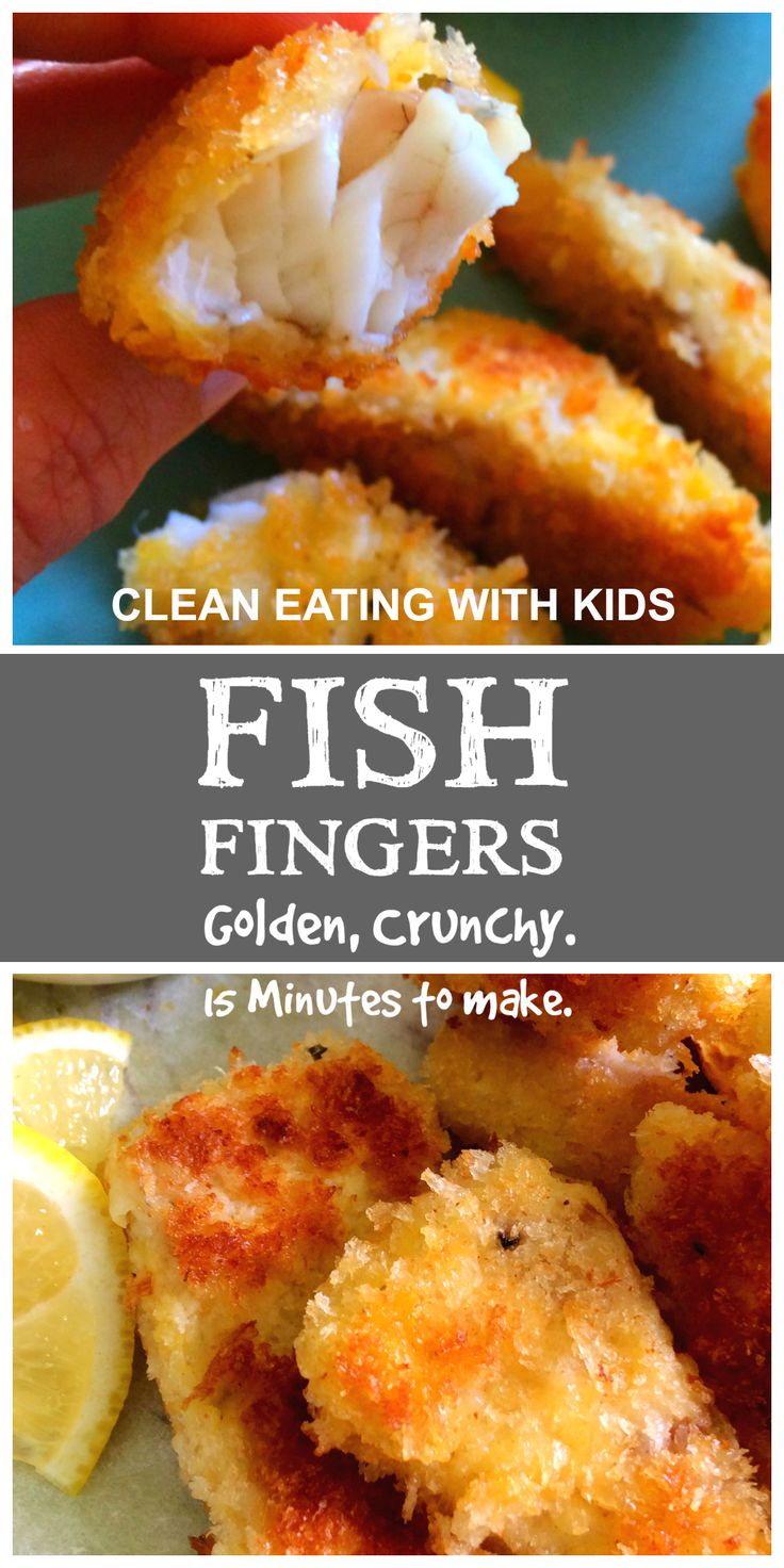 fish fingers with lemon wedges on them and the words clean eating with kids