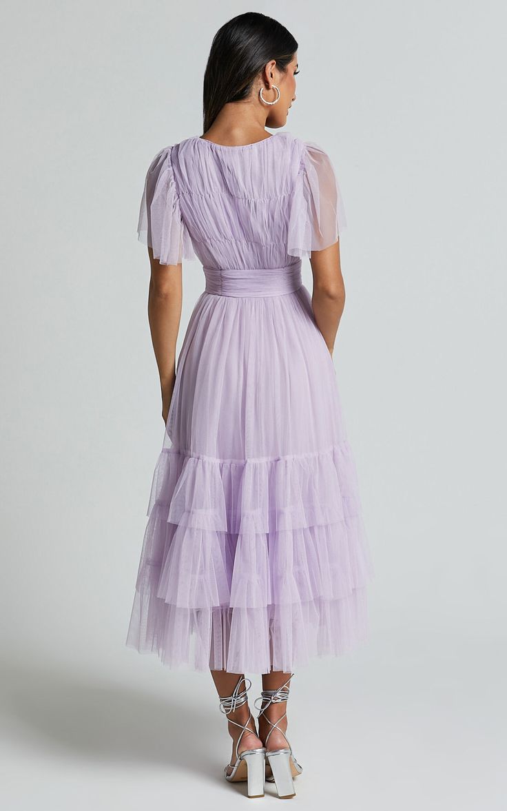 Jiraye Midi Dress - Flutter Sleeve Tuelle Plunge Dress in Lilac | Showpo USA Lavender Prom Dress With Ruffles, Lilac Cocktail Dress, Purple Ruffled Prom Dresses, Lavender Ruffled Dress For Party, Lavender Ruffled Party Dress, Lavender V-neck Dress For Formal Occasions, Lavender Party Dress With Ruffles, Elegant Lavender A-line Dress, Lavender Evening Dress For Spring Prom