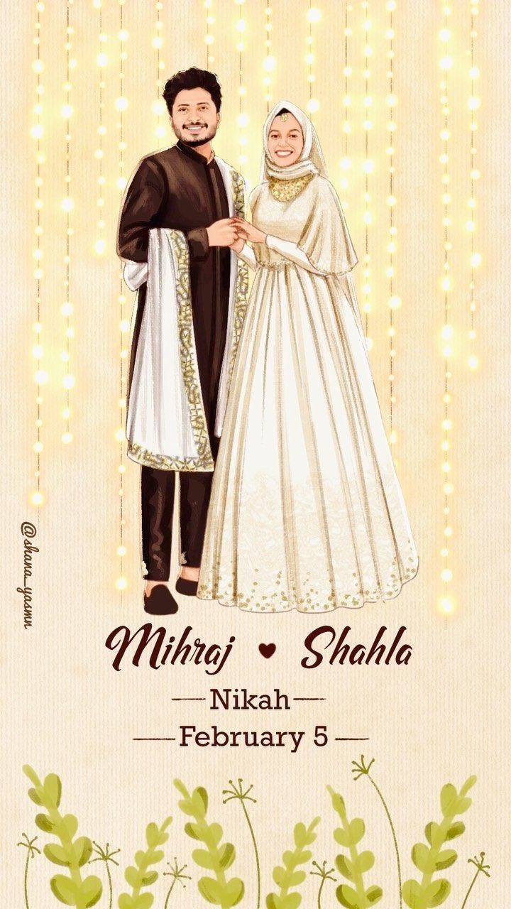 Shana Yasmin | Illustrator on Instagram: "Wedding video done for @mihraj_yousuf @shahala_ap 😍 Happy Married life to you both😘. Can’t wait to have your wedding…" Nikah Illustration, Muslim Wedding Caricature, Muslim Couple Illustration Wedding, Nikah Ideas, Cartoon Wedding Invitations, Couple Illustration Wedding, Wedding Illustration Card, Cartoon Wedding, Bride And Groom Cartoon