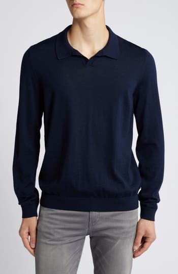 Lightweight and layerable, this polo-style sweater crafted from breathable wool features a sporty V-neck collar and a relaxed fit for day-to-night comfort. 27 1/2" length (size Medium) Johnny collar Long sleeves Ribbed cuffs and hem 100% virgin wool Machine wash, dry flat Made in Turkey Classic Blue Polo Sweater For Fall, Casual Winter Polo Sweater With Seamless Collar, Winter Wool Polo Shirt With Ribbed Collar, Fall Wool Polo Shirt With Ribbed Collar, Blue Polo Collar Sweater For Winter, Polo Sweater With Ribbed Collar, Casual Collared Fine Knit Polo Sweater, Sporty Polo Sweater With Collar For Fall, Blue Polo Collar Sweater For Fall