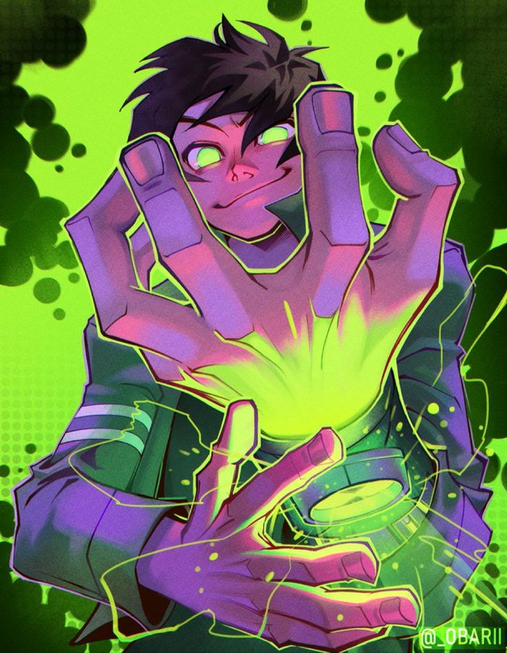 a drawing of a man holding his hands up in the air with green and purple colors