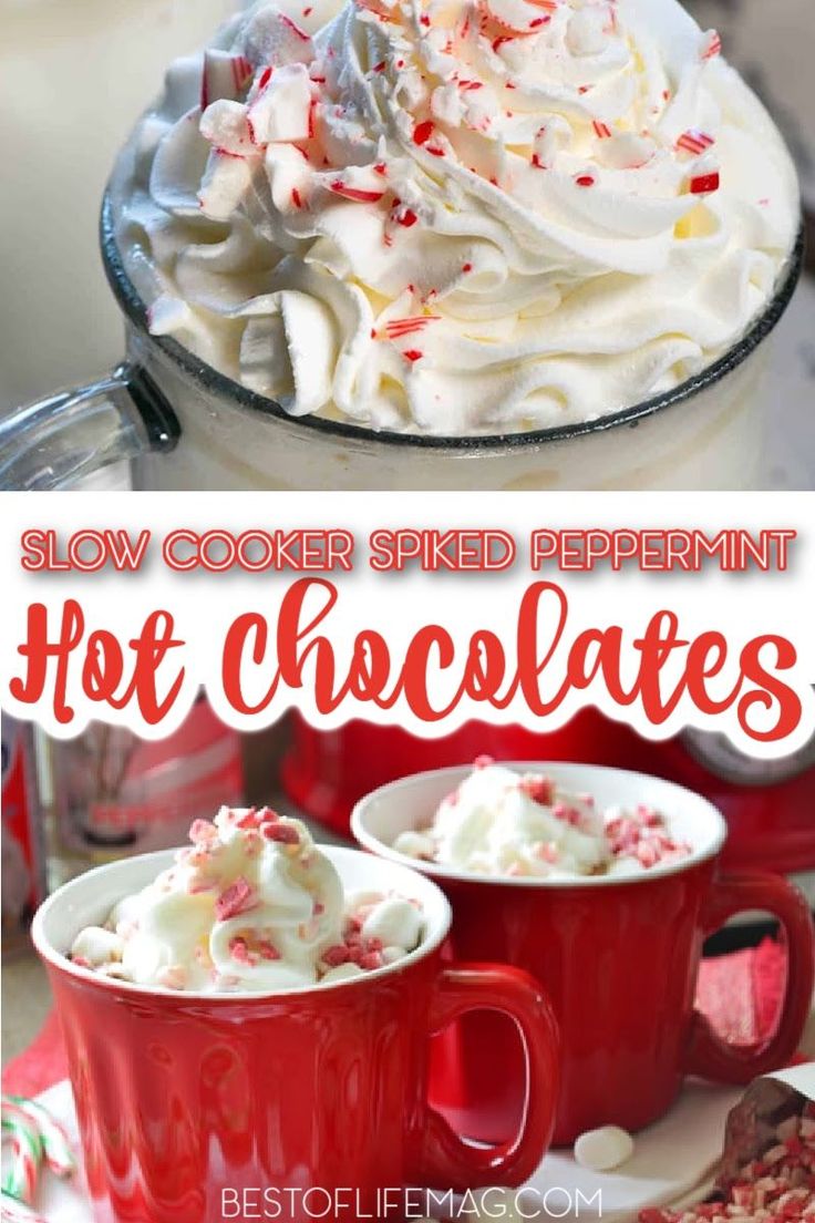 two red mugs filled with whipped cream and peppermint hot chocolate on top