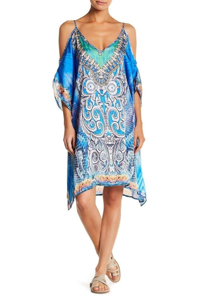 Women's beach  cover up dresses and day dresses with crystals embellished neckline. Blue Party Dress For Vacation, Blue Dress For Party And Vacation, Flowy Resort Dresses, Blue Bohemian Dress For Pool, Bohemian Beach Dress For Pool, Flowy Tunic Dress For Vacation, Elegant Beach Cover-up Mini Dress, Embellished V-neck Maxi Dress For Beach, Bohemian Summer Pool Dress