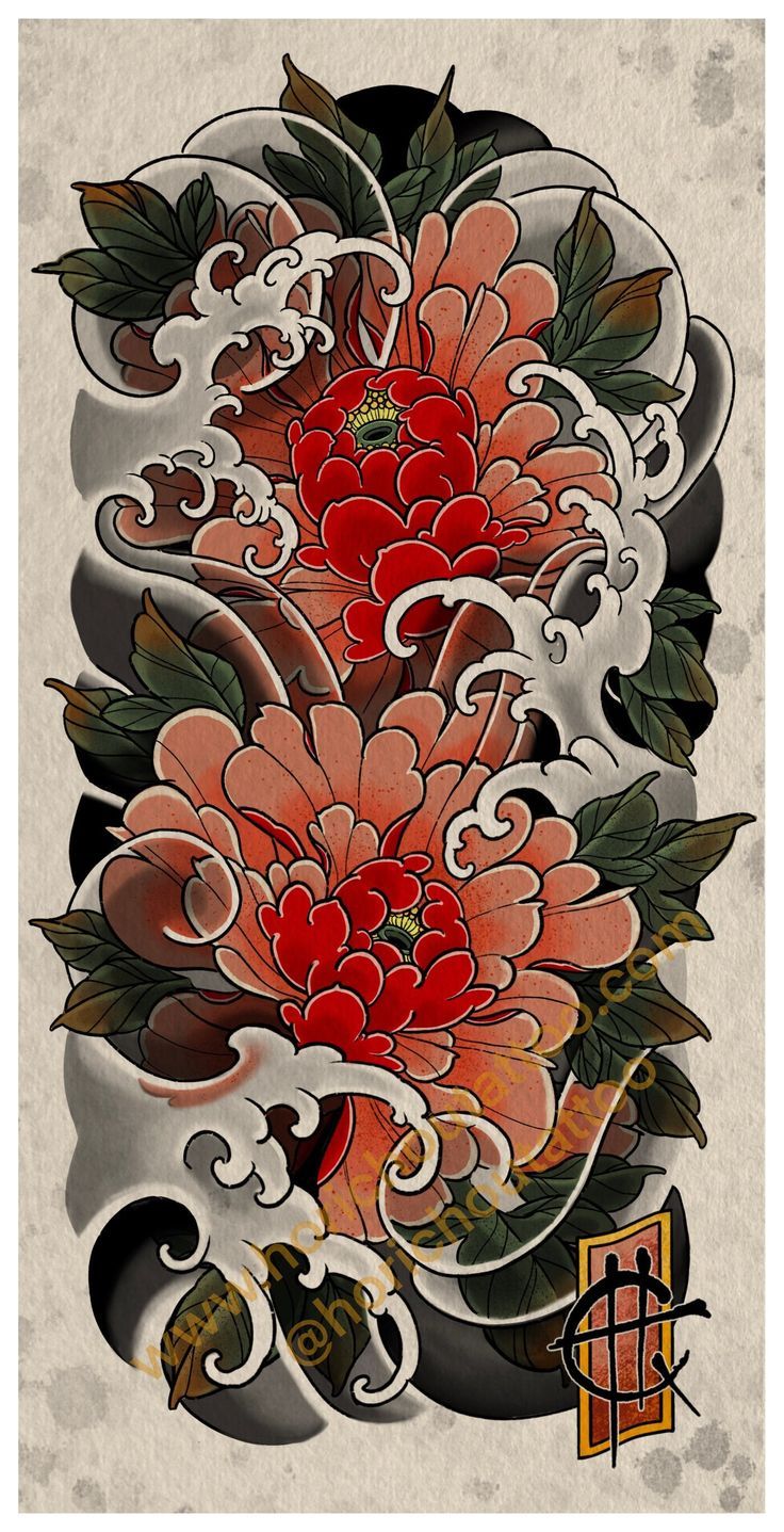 Neo-Traditional Characteristics: Similar to traditional but with a more modern twist, using a wider color palette and more detailed shading. Designs: Stylized animals, intricate floral designs, updated classic motifs. Men's Shoulder Tattoo, Arm Tattoos Japanese, Japanese Peony Tattoo, Traditional Tattoo Prints, Shoulder Tattoo Designs, Red Flower Tattoos, Vintage Tattoo Art, Backpiece Tattoo, Japanese Flower Tattoo