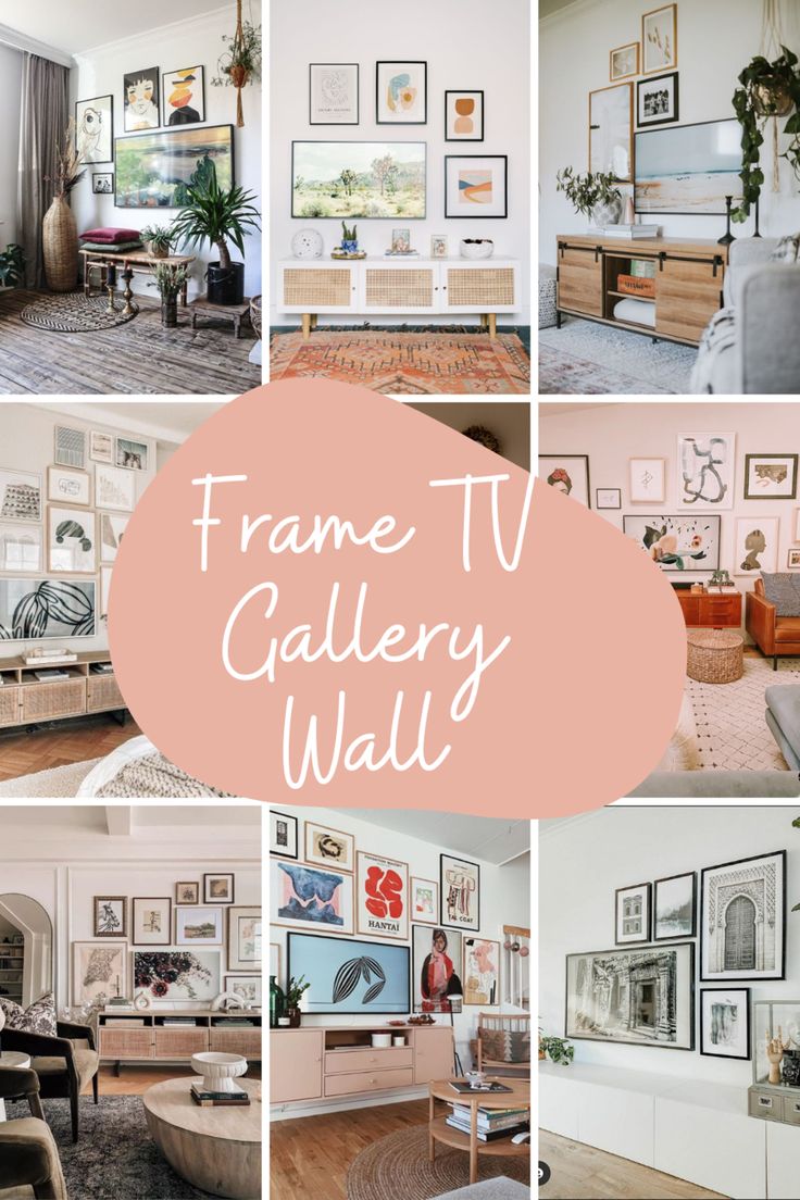 a collage of pictures with frames on the wall and furniture in different styles, sizes and colors