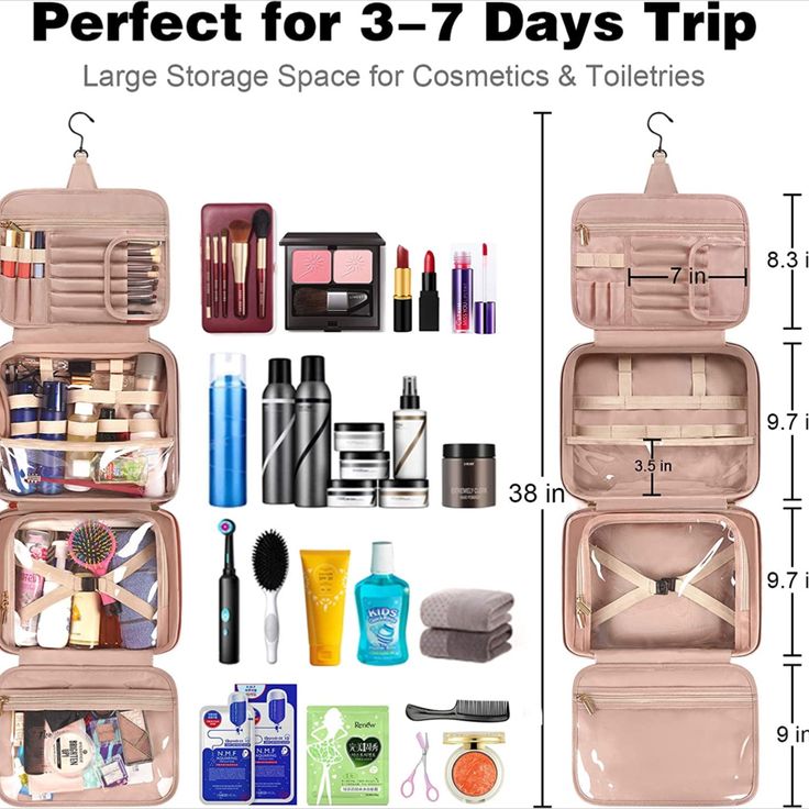 an open suitcase with cosmetics and toiletries in it, labeled perfect for 3 - 7 days trip