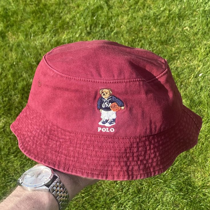 Vintage Burgundy/Camo/Beige/White/Black/Navy Polo Bear Bucket Hat Iconic embroidered basketball Polo Bear image 🧸 Diameter of the inside of the hat is roughly 22-24in varying slightly with each hat One size fits all, perfect for festivals, raves or any event where you need to look like a baller Free Shipping Included with every purchase 🚀 No returns on sizing issues Casual Brown Hat With Embroidered Logo, Casual Vacation Hats With Embroidered Logo, Casual Beach Hats With Embroidered Logo, Casual Beach Hat With Embroidered Logo, Summer Sports Cotton Bucket Hat, Red Casual Bucket Hat For Outdoor, Summer Sports Bucket Hat In Cotton, Casual Red Bucket Hat For Outdoor, Summer Cotton Bucket Hat For Sports