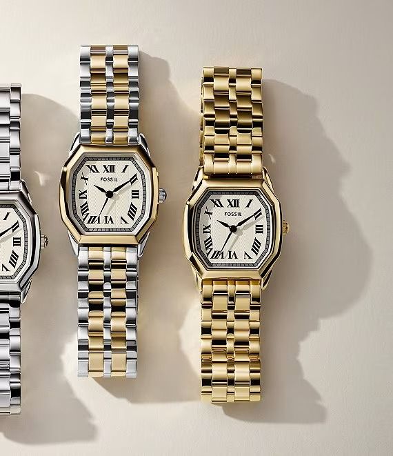 Fossil Women's Harlow Three-Hand Date Gold-Tone Stainless Steel Bracelet Watch | Dillard's Chunky Watches For Women, Womens Tag Watch, Popular Watches For Women, Silver And Gold Watch Women, Mixed Metal Watches Women, Watch Styling Women, Rose Gold Watch Outfit, Classic Watches Women, Silver And Gold Watch