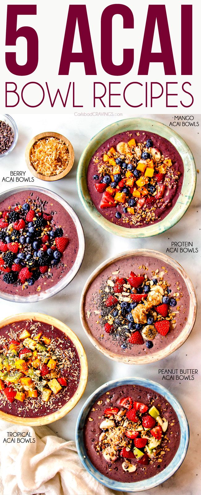 the cover of 5 acai bowl recipes is shown with bowls of food in them