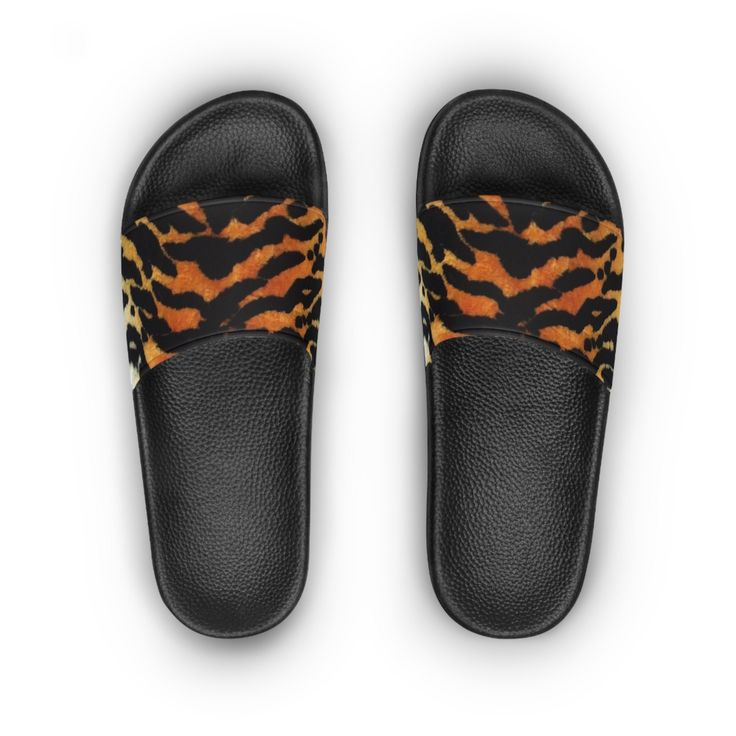 Women's Tiger Slide Sandals From home all the way to the beach, these women's sandals are the perfect accessory for a cozy life. Made with a slide-in design, they are easy to put on or take off, and provide excellent cushioning thanks to the PVC foaming sole. Add your personalized designs and create a daily staple that is as comfy as it is unique.  .: Material: PVC foam\n.: Printed strap surface\n.: Black outsole\n.: For wide feet recommended to size-up\n.: Blank product sourced from China Beach Sport Sandals With Textured Footbed, Casual Slide Flip Flops For Beach, Flat Sport Sandals With Textured Footbed For Beach, Flat Textured Footbed Sport Sandals For Beach, Trendy Non-slip Sandals For Leisure, Open Toe Slides With Rubber Sole For Beach, Trendy Flat Sandals For Leisure, Comfortable Slide Footbed Sandals With Rubber Sole, Comfortable Flat Slides With Textured Footbed