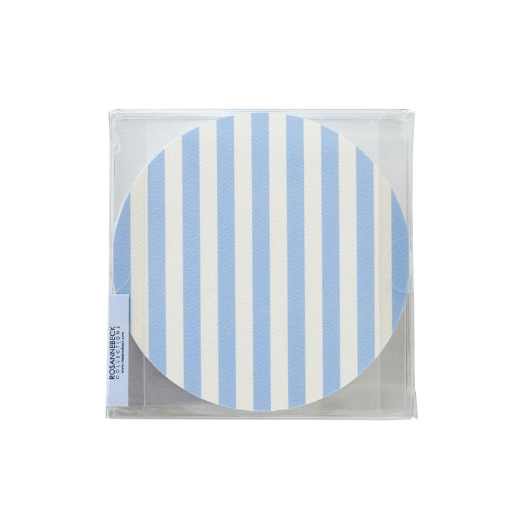 a blue and white striped coaster on a clear plastic package with the word, i love you