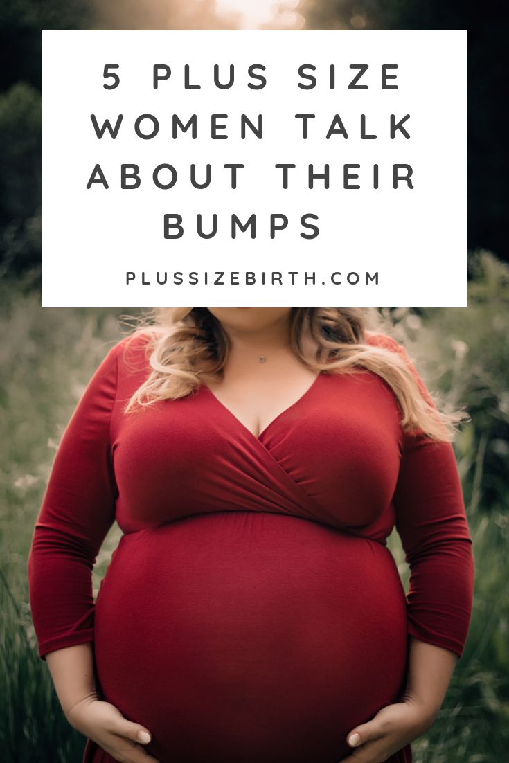 a pregnant woman with the words, 5 plus size women talk about their bumps