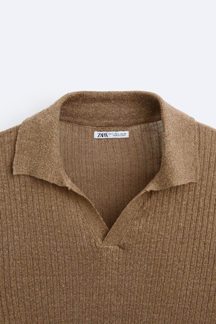 LINEN - VISCOSE KNIT POLO SHIRT - taupe brown | ZARA United States Classic V-neck Top With Ribbed Collar, Brown Collared Knit Tops, Summer V-neck Tops With Ribbed Collar, Summer Workwear Polo Sweater With Ribbed Collar, Summer Polo Sweater With Ribbed Collar For Work, Brown Knit Top With Ribbed Collar, Casual V-neck Polo Shirt With Ribbed Collar, Casual Collared Knit Top For Spring, Trendy Polo Collar Top For Workwear