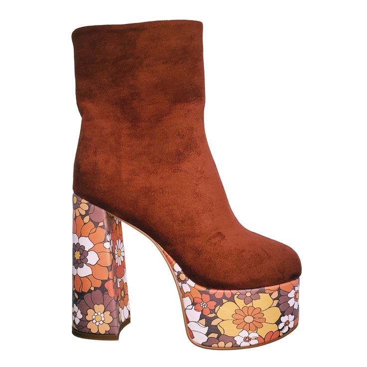 Elevate your style with the Suede Floral Platform Boots, a spin-off of the best-selling Suede Platform Heels. These boots feature a stunning '70s-inspired floral print on the platform, combining vintage charm with contemporary flair. Brown Retro High Heel Platform Boots, Retro Brown Platform Boots With Round Toe, Retro Brown Platform Boots For Fall, Retro Brown High Heel Platform Boots, Vintage Ankle Heeled Boots For Spring, Vintage Brown Boots For Party, Vintage Party Boots For Spring, Vintage Spring Party Boots, Retro Round Toe Platform Boots For Spring