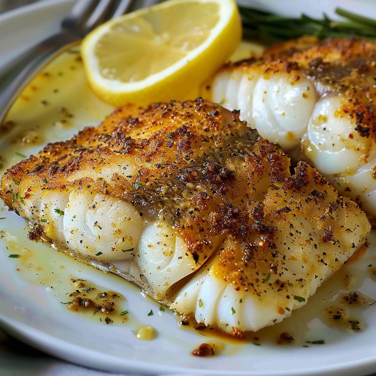 two fish fillets on a plate with lemon wedges and garlic garnish