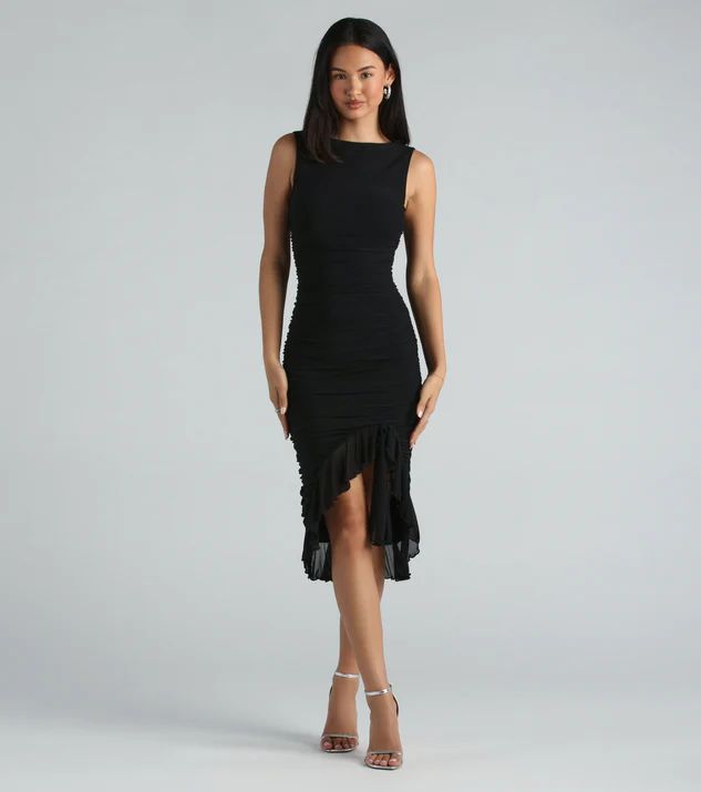 The Casey formal mesh dress will have you looking tasteful and elegant for banquets or rehearsal dinners! She features a sleeveless high neckline, a square-cut back, side, and back ruching to accentuate your gorgeous curves, a bodycon silhouette, and a playful surplice ruffled midi-length hem. The formal dress is crafted from a sheer mesh fabric with a sewn-in knit lining and plenty of stretch. Complete the look with earrings and stiletto heels. Bridesmaids Bachelorette, Book Outfits, Corset Outfits, Summer Trends Outfits, Guest Attire, Ruffle Midi Dress, School Dance, Your Gorgeous, Green Prom Dress