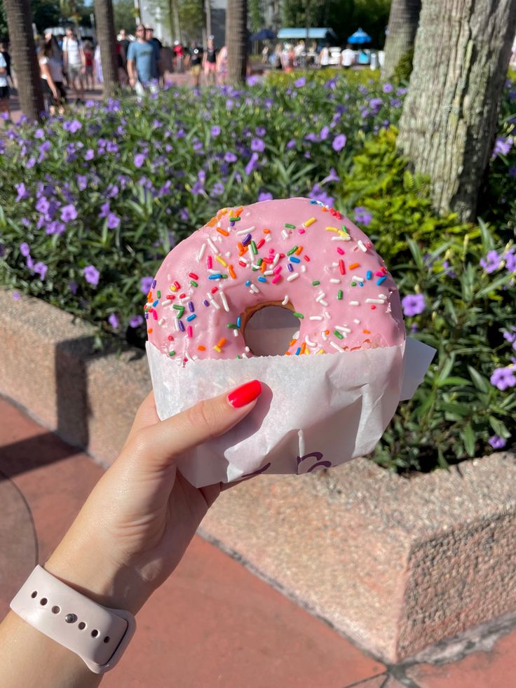 a person holding up a doughnut with sprinkles on it in front of purple flowers