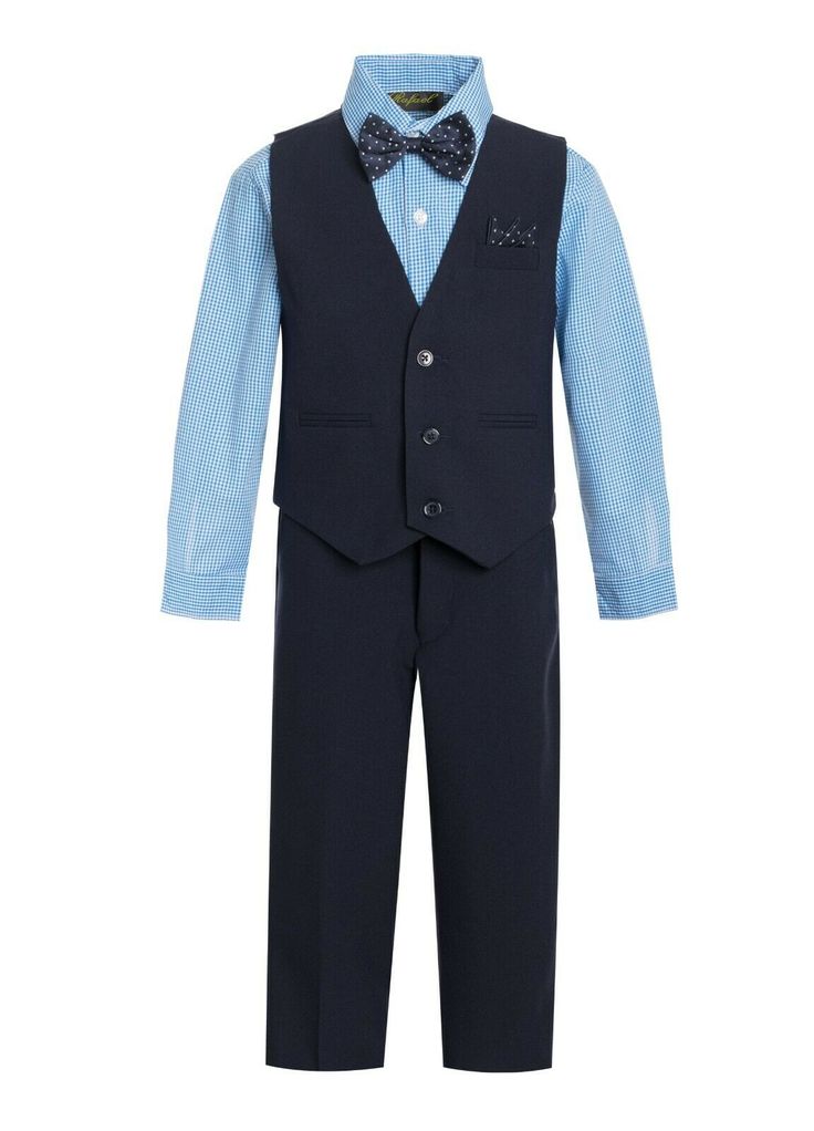 This charming boy's vest suit set is a perfect idea for  picture taking, performances, and other special occasions. Machine wash cold. Tumble dry low. Do not bleach. Outfit include: Solid Black Vest  Cotton and Polyester Shirt Solid Black Pants  ( For Size 4 and 14, Two Side Pockets, One Back Pocket) with Elastic Waist. Neck Long Tie And hanky Formal Cotton Sets With Pockets, 2x2 Picture Formal Attire, Outfit Drawing, Vest Suit, Boys Vest, Striped Vests, Polyester Shirt, Black Vest