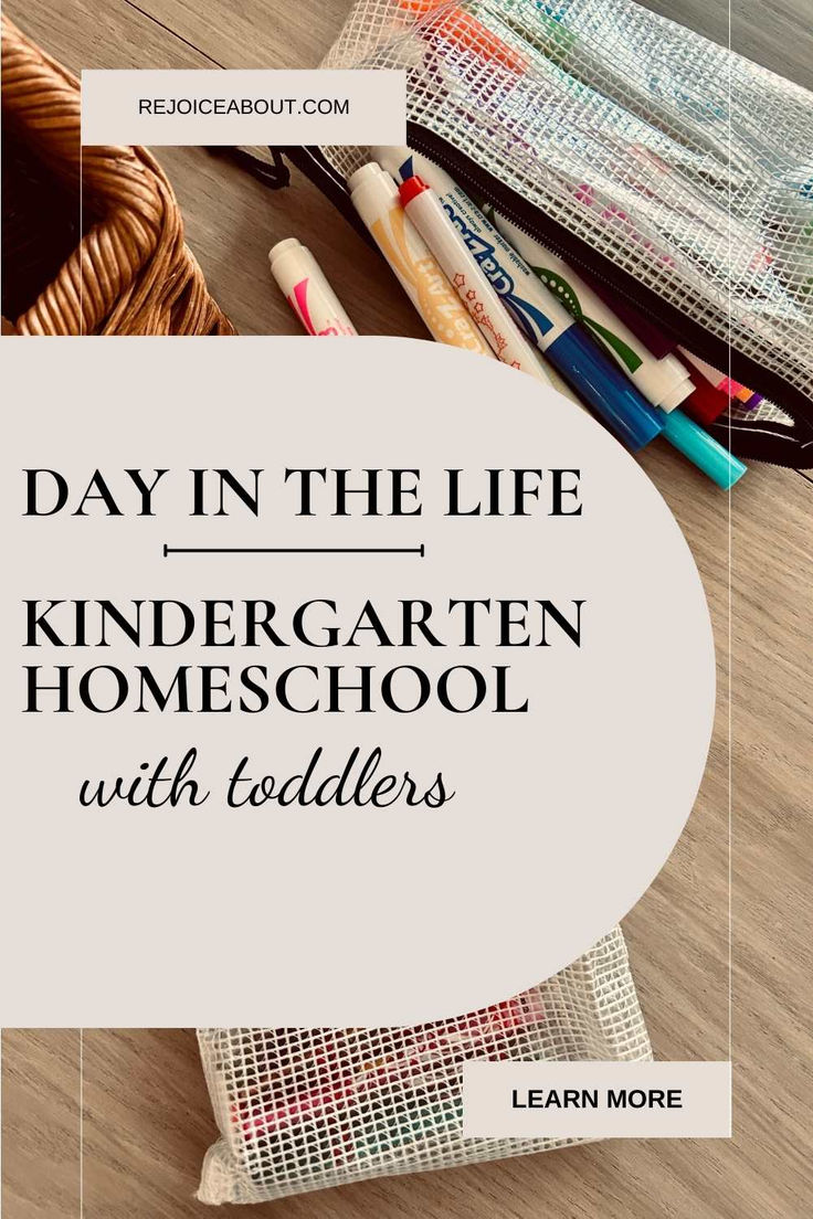 a bag with pens and pencils sitting on top of it next to the words, day in the life of a kindergarten homeschool with toddlers