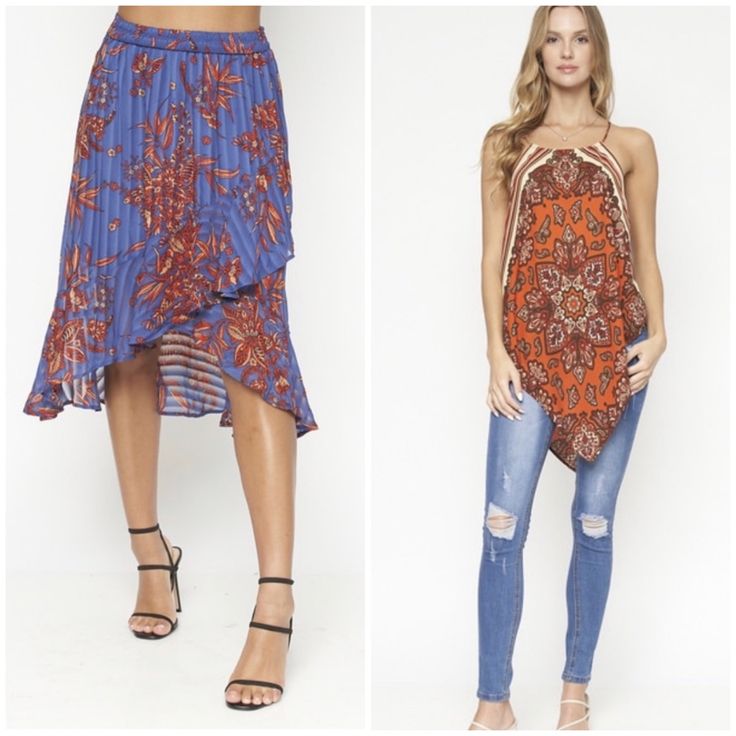 Boho Handkerchief Top& Skirt Set Print Clash Design Wear Separate Or Together With Jeans Or Plain Top With The Skirt Orange Bohemian Skirt For Day Out, Casual Beach Bottoms With Handkerchief Hem, Handkerchief Top, Top Skirt Set, Plain Tops, Skirt Sets, Clothes Patterns, Ladies Boutique, Clothing Patterns