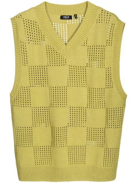 lime green cotton open knit ribbed hem V-neck sleeveless straight hem Trendy Summer V-neck Sweater Vest, Trendy Green V-neck Sweater Vest, Green V-neck Tank Top For Fall, Spring V-neck Stretch Sweater Vest, Green V-neck Sweater Vest For Summer, Spring Open Knit V-neck Tank Top, Casual Pointelle Knit Vest For Spring, Green Cotton V-neck Tank Top, Green V-neck Knit Top For Summer