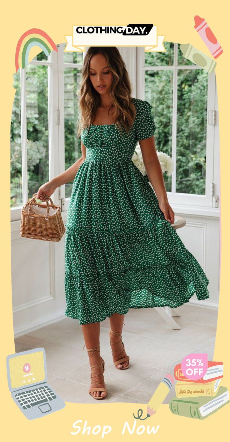 Summer Vacation Tiny Floral Print Short Sleeve Midi Dress Green Non-stretch Midi Dress, Casual Non-stretch Maxi Dress For Garden Party, Non-stretch Green Maxi Dress, Green Maxi Dress Regular Fit, Green Bohemian Floral Dress For Day Out, Bohemian Green Floral Dress For Day Out, Green Non-stretch Short Sleeve Maxi Dress, Green Non-stretch Short Sleeve Midi Dress, Green Non-stretch Maxi Dress With Short Sleeves