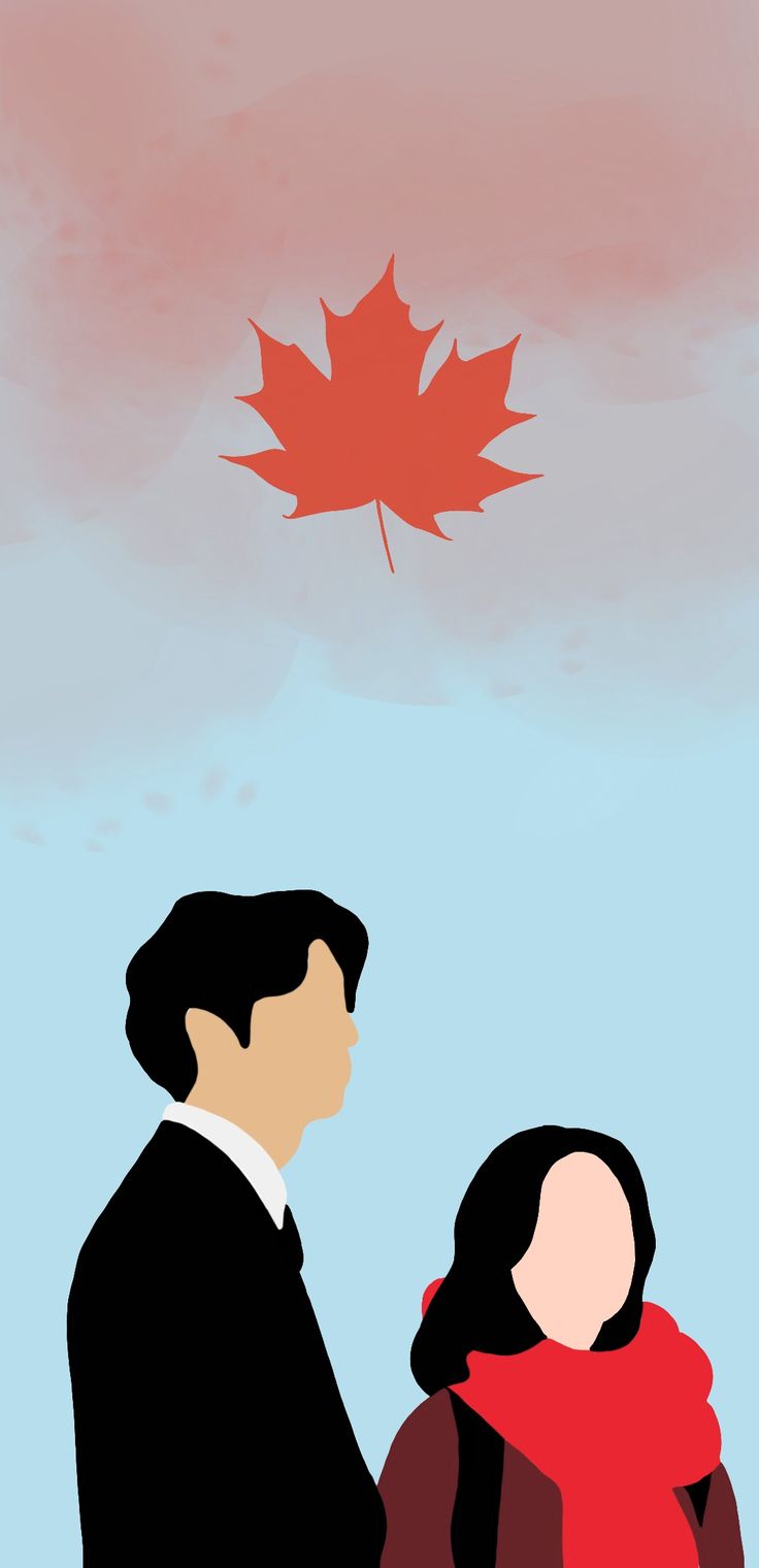 a man and woman standing under a red maple leaf on a blue sky with clouds