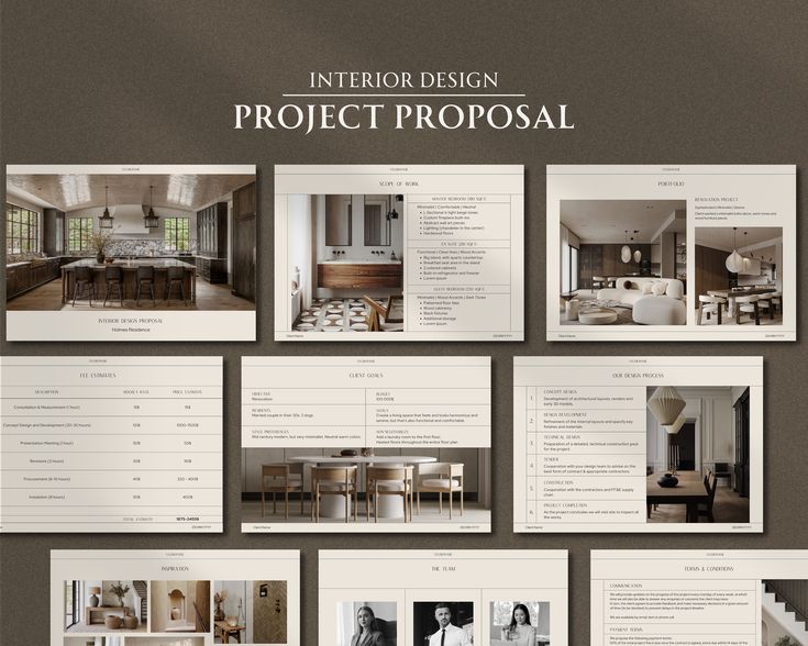 the interior design project proposal is displayed on a wall with several photos and text in it