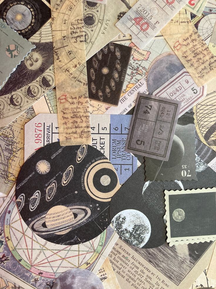 an assortment of old and new items are scattered on top of each other, including stamps