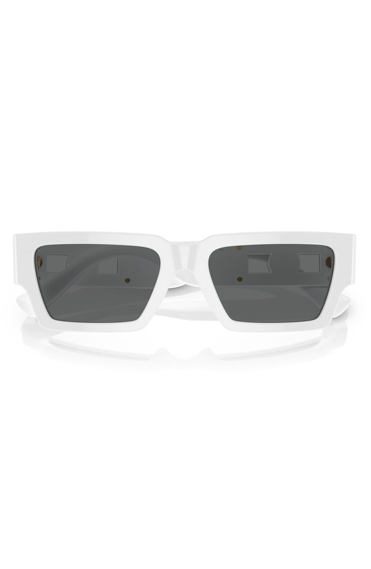 Polished Medusa hardware adorns the wide temples on Italian-made sunglasses styled in a wide rectangular silhouette. 54mm lens width; 18mm bridge width; 140mm temple length 100% UV protection Prescription-compatible Acetate Made in Italy Rectangular Tinted Sunglasses In Optic White, White Rectangular Polarized Sunglasses, White Rectangular Sunglasses With Polarized Lenses, Luxury Rectangular Sunglasses With Uv Protection, White Rectangular Shield Sunglasses With Tinted Lenses, White Rectangular Shield Sunglasses With Gradient Lenses, Luxury Rectangular Shield Sunglasses With Polarized Lenses, Luxury Polarized Rectangular Shield Sunglasses, Modern Optic White Shield Sunglasses With Tinted Lenses