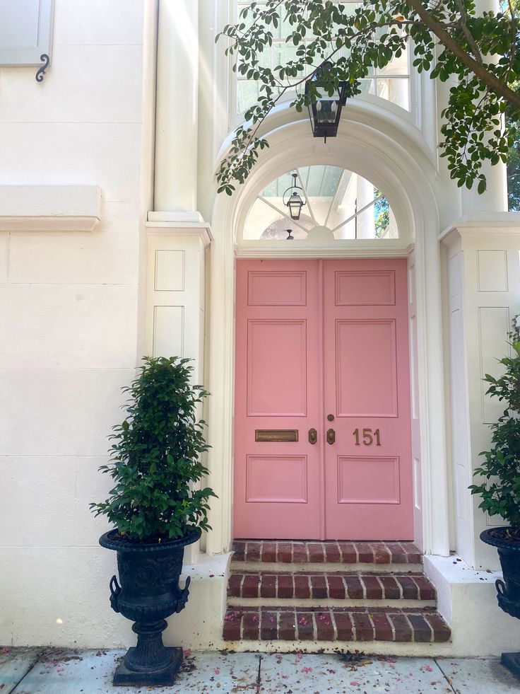 a pink door with two potted plants in front of it and an arched doorway