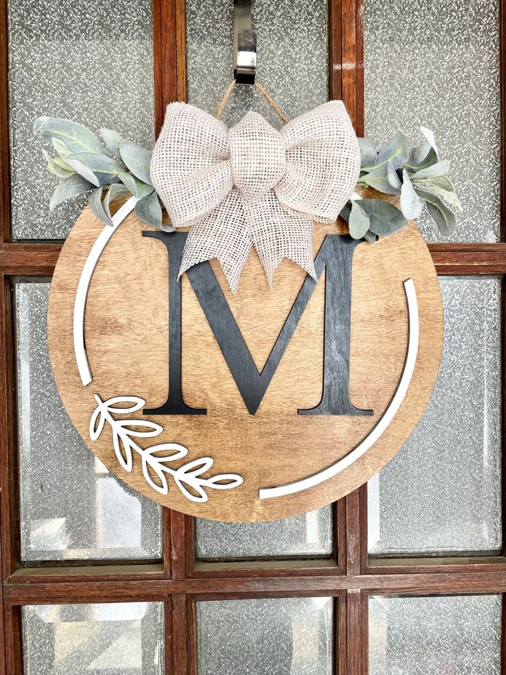 Monogram Door Hanger Round Initial Door Hanger, M Door Hanger Letter, Round Door Hangers Last Name, Monogram Front Door Sign, Initial Wreaths For Front Door Diy, Circle Door Hangers Wooden Diy Last Name, Diy Monogram Door Hanger, Door Hanger Signs Diy, Door Sign Ideas Entrance