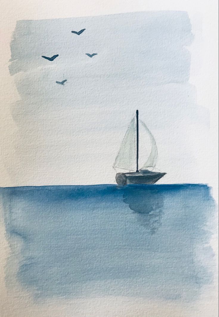 a painting of a sailboat in the ocean with birds flying above it and watercolor on paper