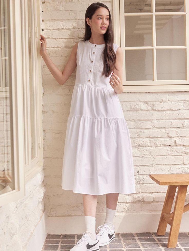 Composition : COTTON 100%Color : WHITE,NAVY,SOFT PINKCountry of Origin : Republic of Korea White A-line Sleeveless Dress For Day Out, Feminine White A-line Sleeveless Dress, White Casual Midi Sleeveless Dress, White Casual Midi Length Sleeveless Dress, White A-line Sleeveless Dress For Casual Wear, White Sleeveless Dress For Dress Down Day, White Midi Dress For Summer Workwear, White A-line Sleeveless Dress For Dress Down, White Casual Sleeveless Dress For Daywear