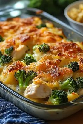 a casserole dish with chicken, broccoli and cheese in it on a table